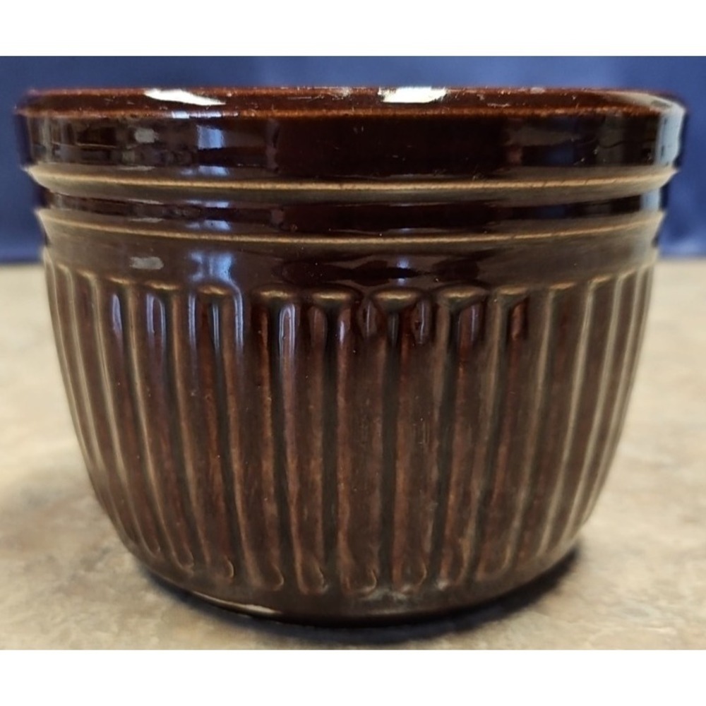 Vintage Western Stoneware USA Pottery Crock Bowl Brown Blue Ribbed